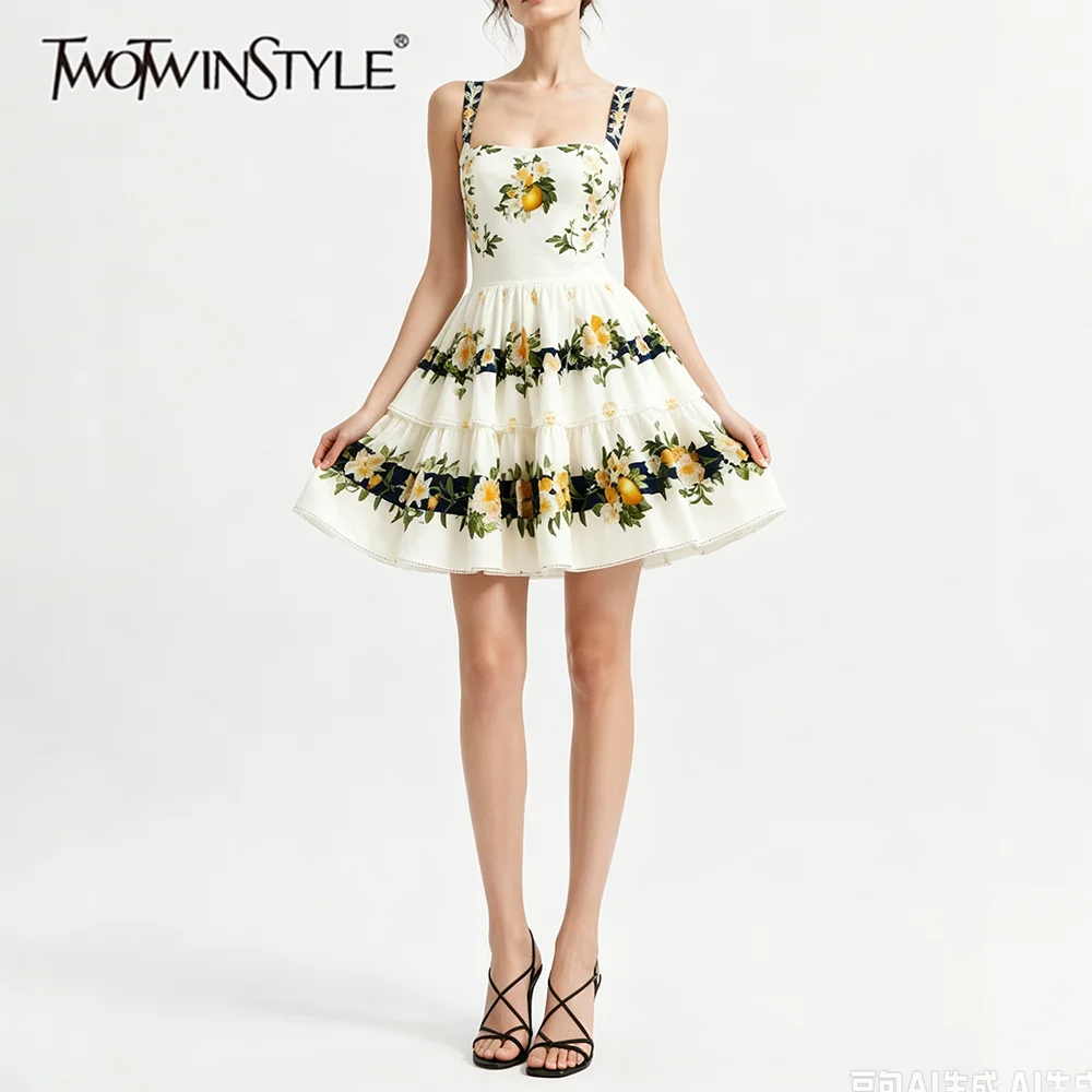 TWOTWINSTYLE Printing Spliced Ruffle Loose Mini Dress for Women Square Neck Sleeveless Patchwork Zipper Strap Dresses Female New