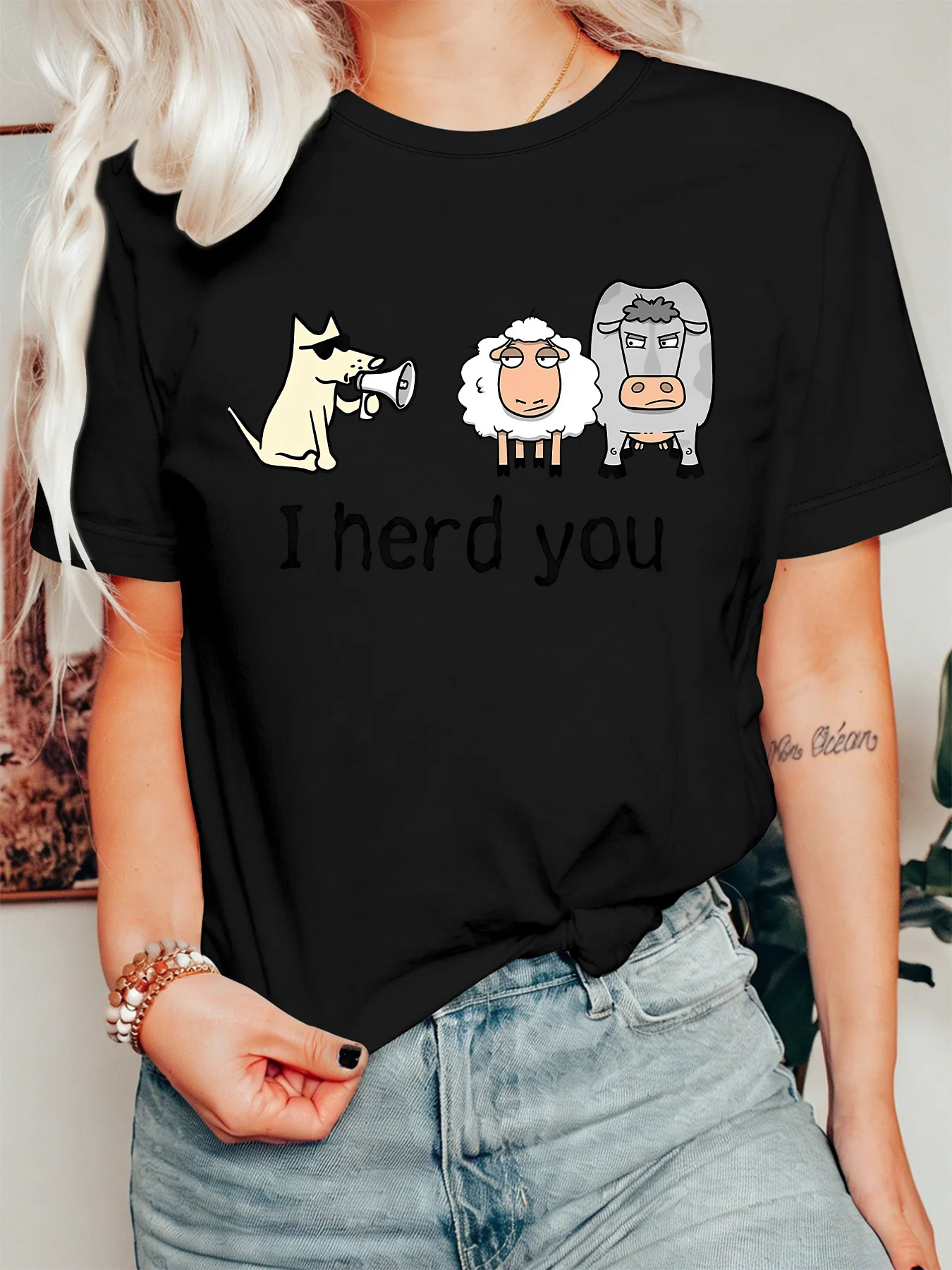 Women Crew Neck Tee Funny Cartoon Dog Sheep Cow Pun Text Graphic Print Short Sleeve Loose Ladies Cotton Plus Size Casual Top