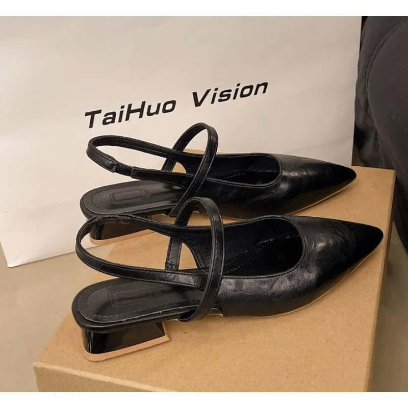 

Brand Designer New Women Baotou Patent Leather One Line Buckle Strap Low Heel Sandals Female Sexy Black Pointed Thin Heel Shoes