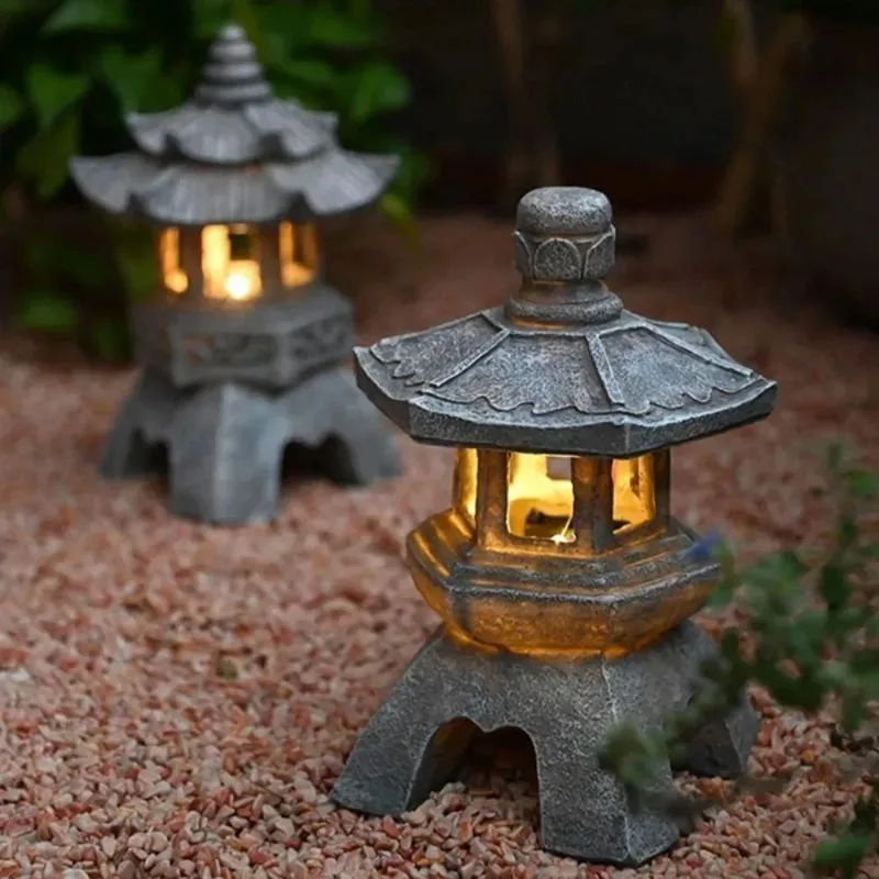 Solar Powered Lamp Garden Accessories Oriental Stone Pagoda Sculpture Zen Palace Lantern Outdoor Light Garden Ornament