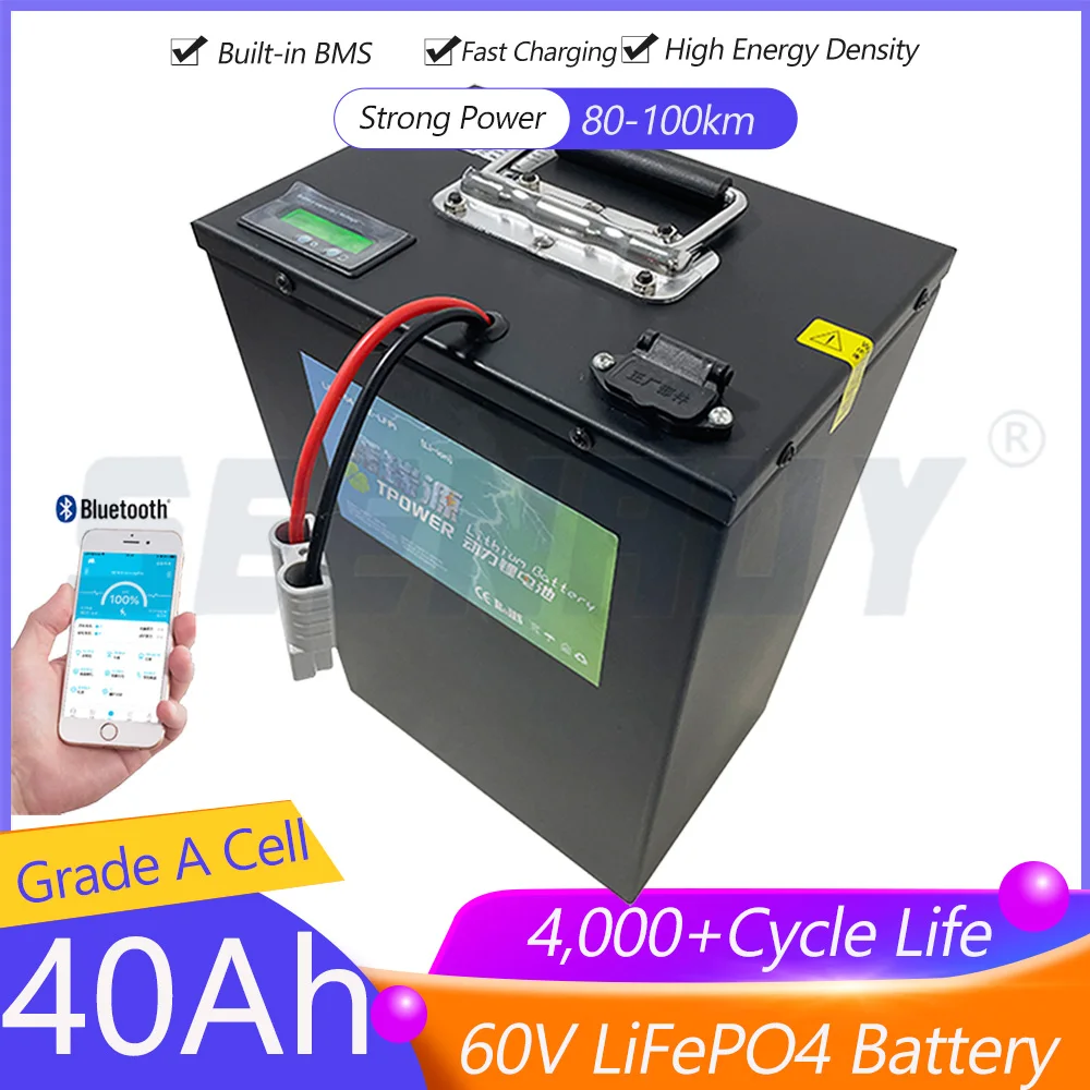Paquete de batería Lifepo4 60V 40Ah con 60A BMS para motocicleta eléctrica 1800W 3000W Motor + carga 5A