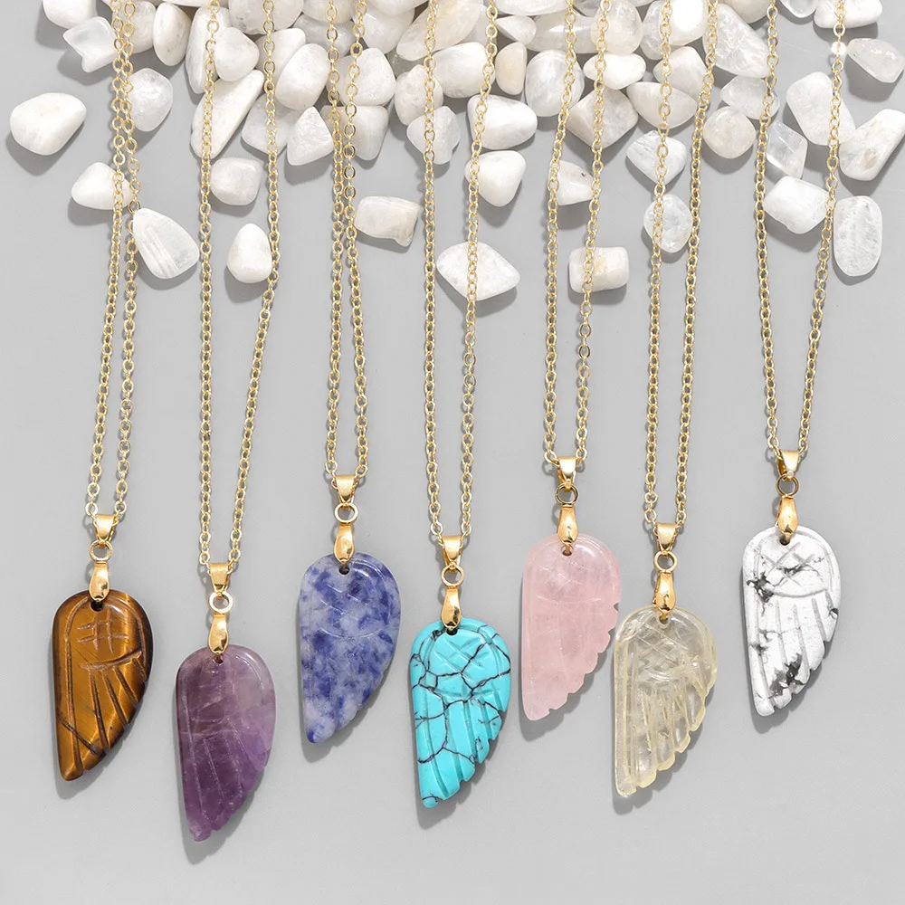 

6pcs Natural Stone Angel Wing Pendants Amethysts Obsidian Lapis Lazuli Turquoises Green Crystal Necklaces Jewelry Gift Women Men