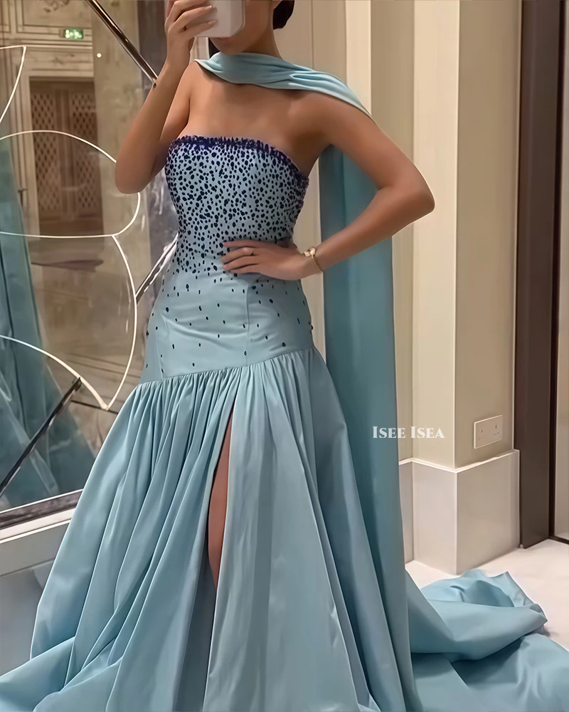 Gaun Malam Berpayet Kristal Tanpa Tali A-line Seksi Tanpa Lengan Belahan Samping Gaun Pesta Vestidos De Noches Kustom 2025