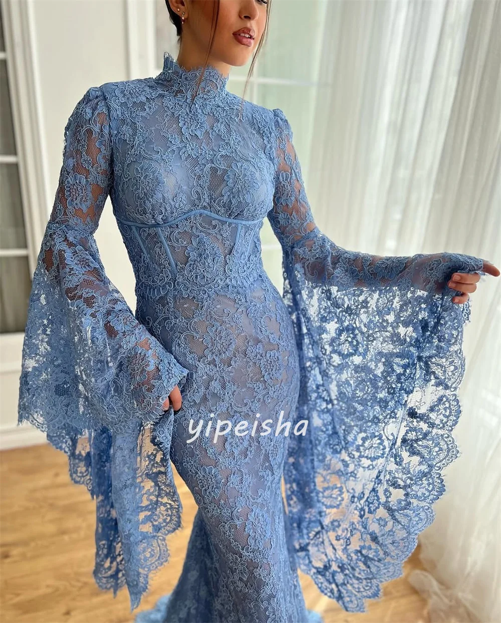 Customized High Quality Intricate Lace Ruched Mermaid High Collar Long Dresses Bespoke Occasion Dresses Sizes Available Classic