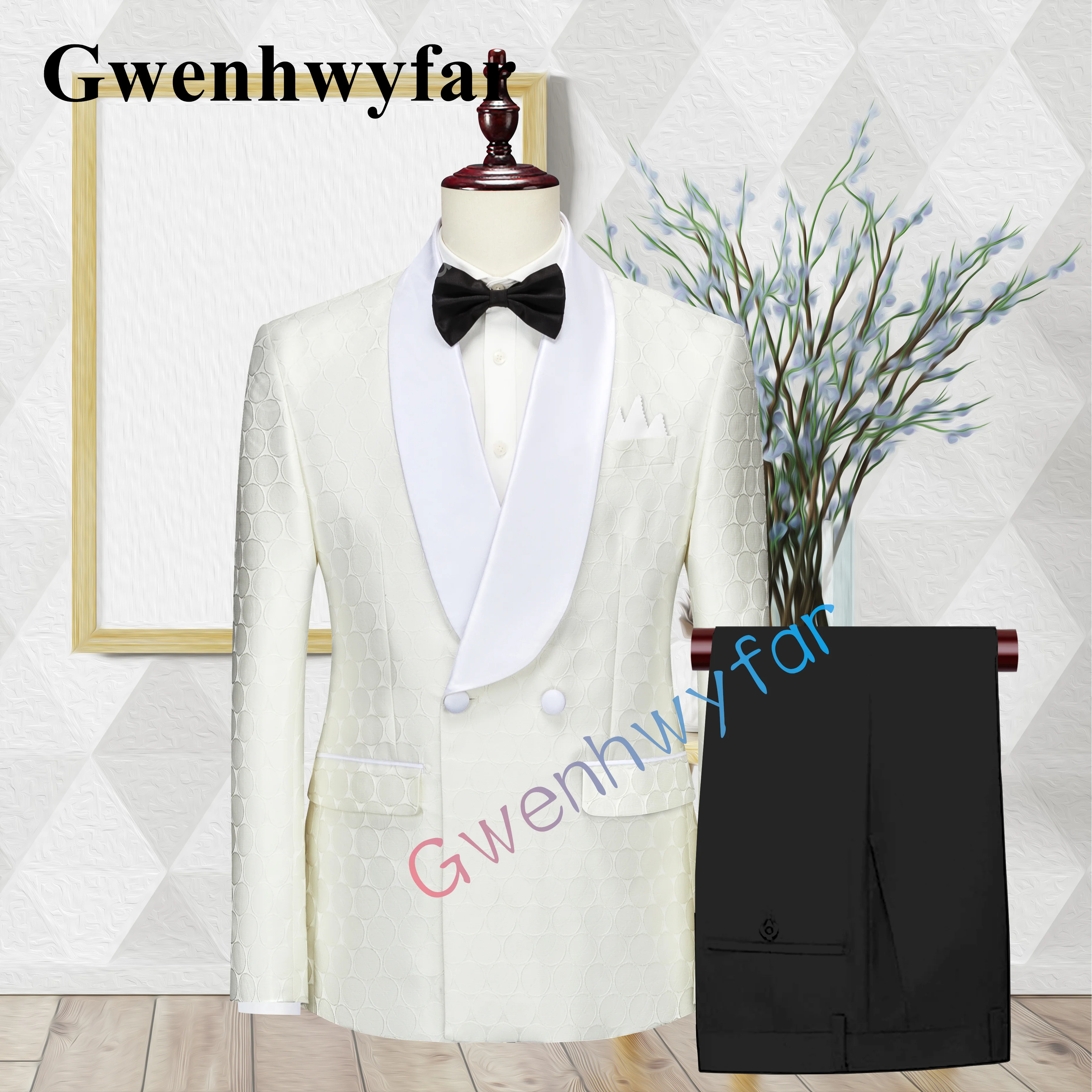 Gwenhwyfar New Trend Style Men's Suit British Casual Three Piece High Quality Jacquard Fabric Shawl Collar Groom Wedding Tuxedo