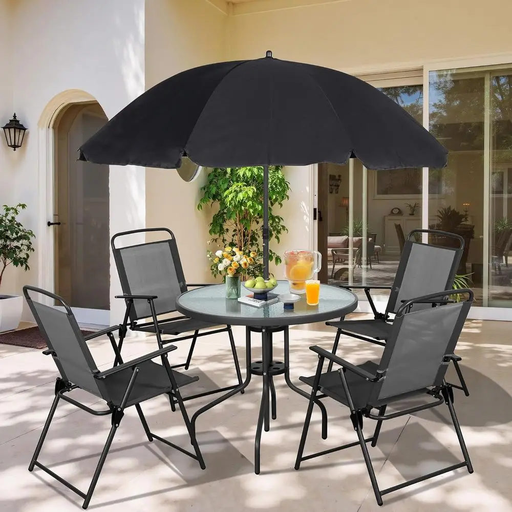 Compact 6-Piece Patio Dining Set with Umbrella, Black Metal Outdoor Garden Table and Chairs for Backyard and Deck