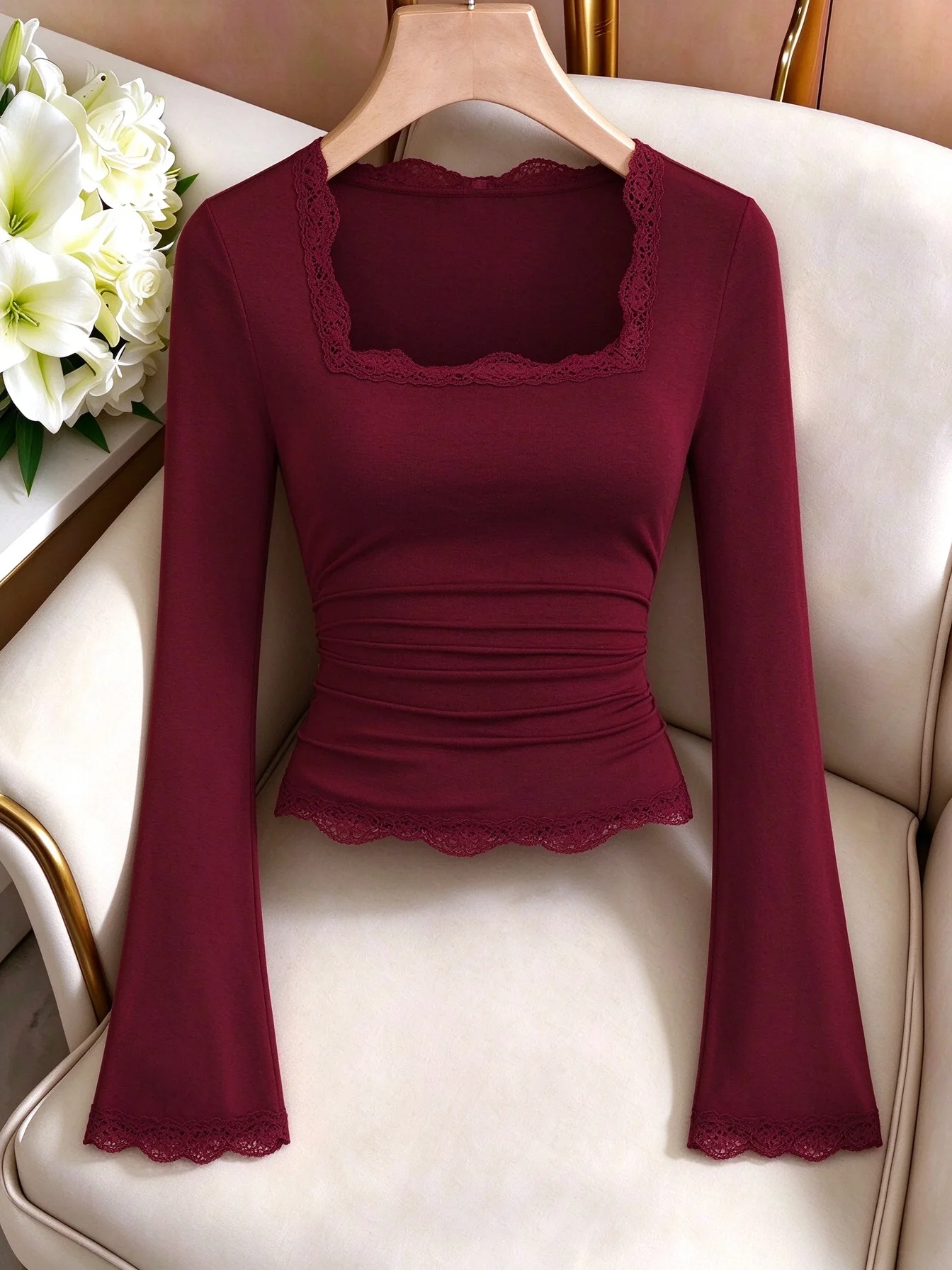 Women Square Neck Lace Trim Top Flare Long Sleeve Slim Fit Ruched Waist Casual Basic Shirts