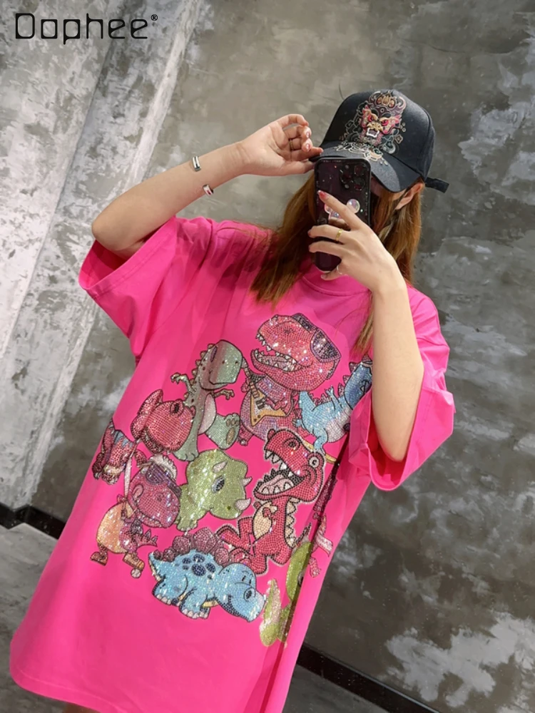 

Streetwear Women's Mid-Length Tshirt 2023 Summer New Casual Oversize Rose Red Large Dinosaur Paradise Hot Drilling Midi Clothing