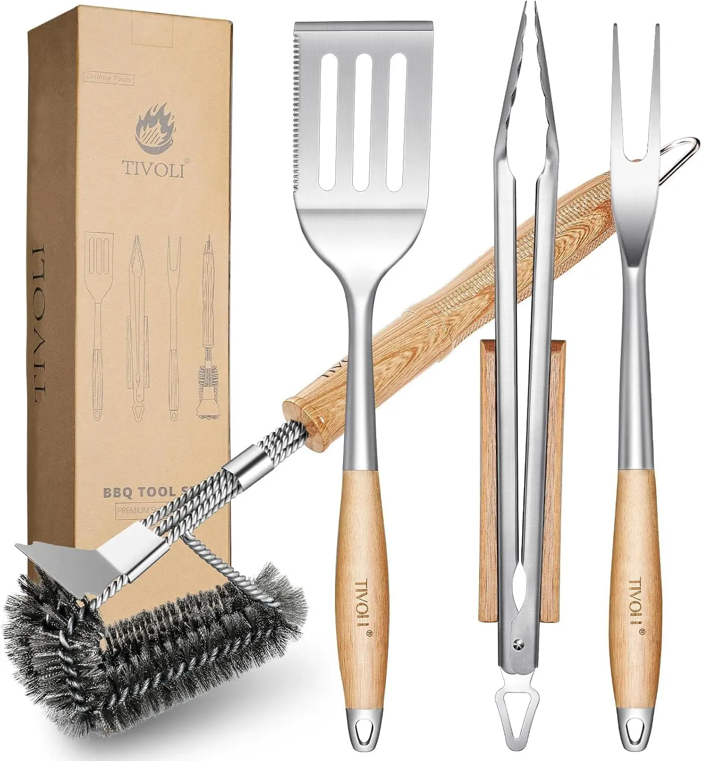 

4-Piece BBQ Grill Tool Set with Stainless Steel Spatula, Tongs, Fork, Cleaning Brush, Wood Handles for Outdoor Cooking