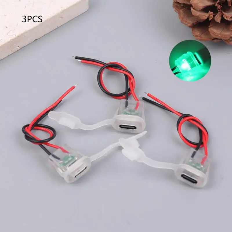 3pcs 2Pin USB Type-C Input Type Charging Socket Waterproof Female Jack Connector With Night Light DIY Charging Port 3A 5V