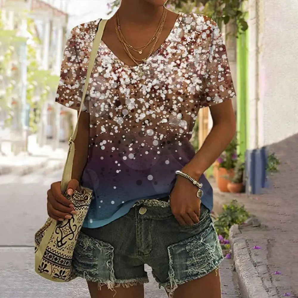 Nowa letnia oddychająca koszulka 3D Gold Glitter Sequin Printed V Neck Shirt Tops Women Street Luxury Oversized Tops Short Sleeve