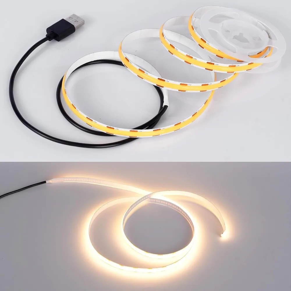 USB LED Strip Lights, Super Bright COB LED Strip Light, 5V Flexible LED Tape Light for TV LED Backlight, Mirrors, Display Cabine