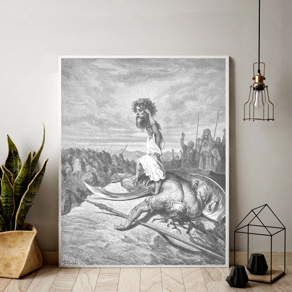 David Slays Goliath Canvas Painting From Gustave Dore English Bible 1866 Print Poster Wall Art Decor