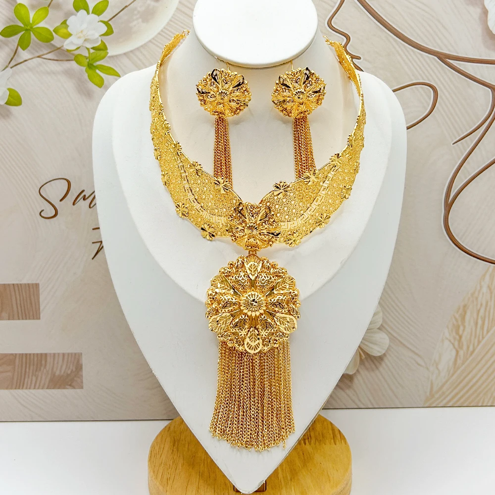 

Luxury Gold Color Necklace Earrings 2Pcs Sets African Classic Jewelry Set Fashion Women Necklace Jewelry Earrings Party Daily