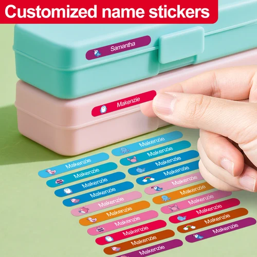 Pegatinas duraderas con nombre personalizado para botellas de agua y tazas, etiquetas escolares personalizadas con colores vibrantes, material de vinilo impermeable