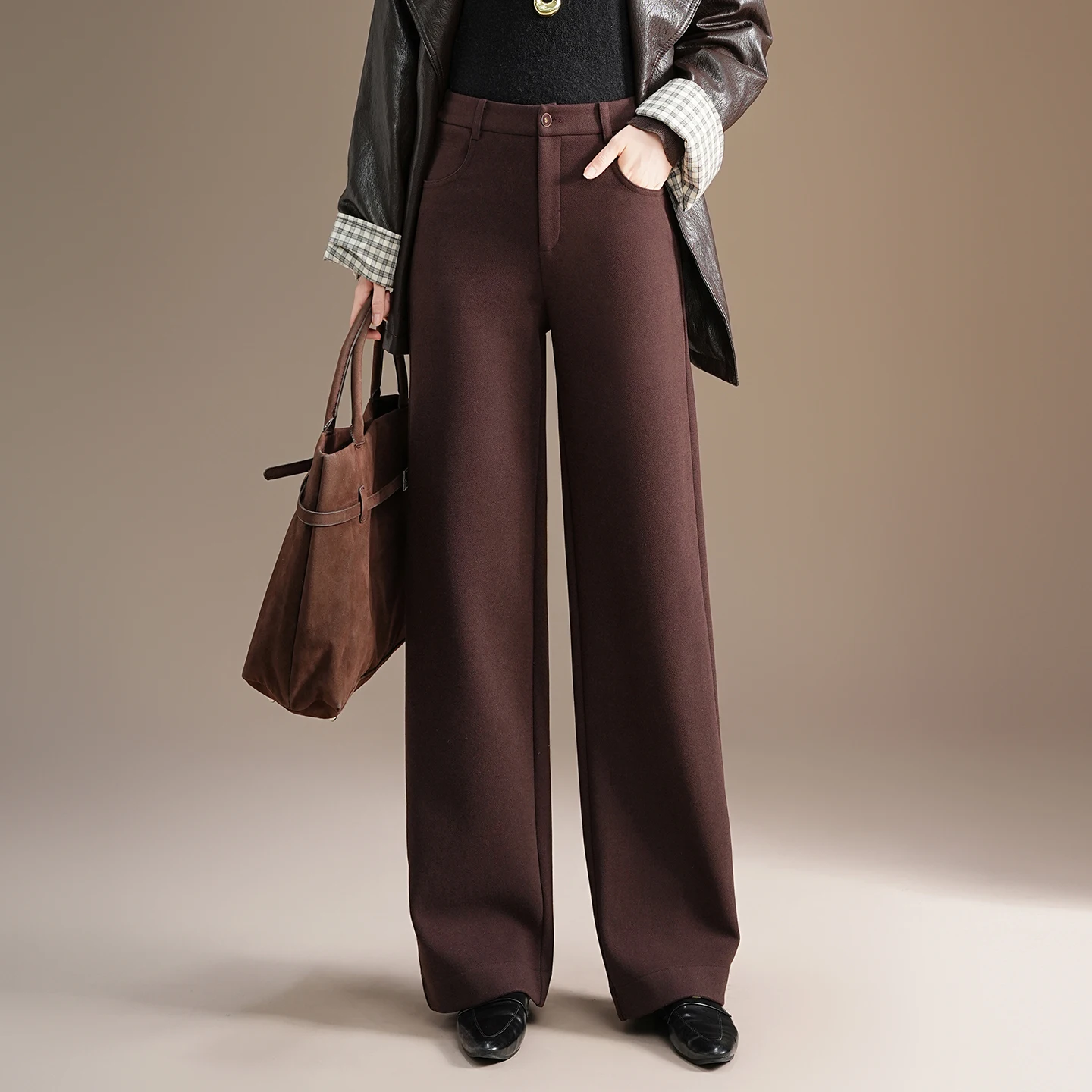 

Новые женские шерстяные брюки с высокой талией, утепленные, прямого кроя, осенне-зимние, повседневные, широкие, 2025 года