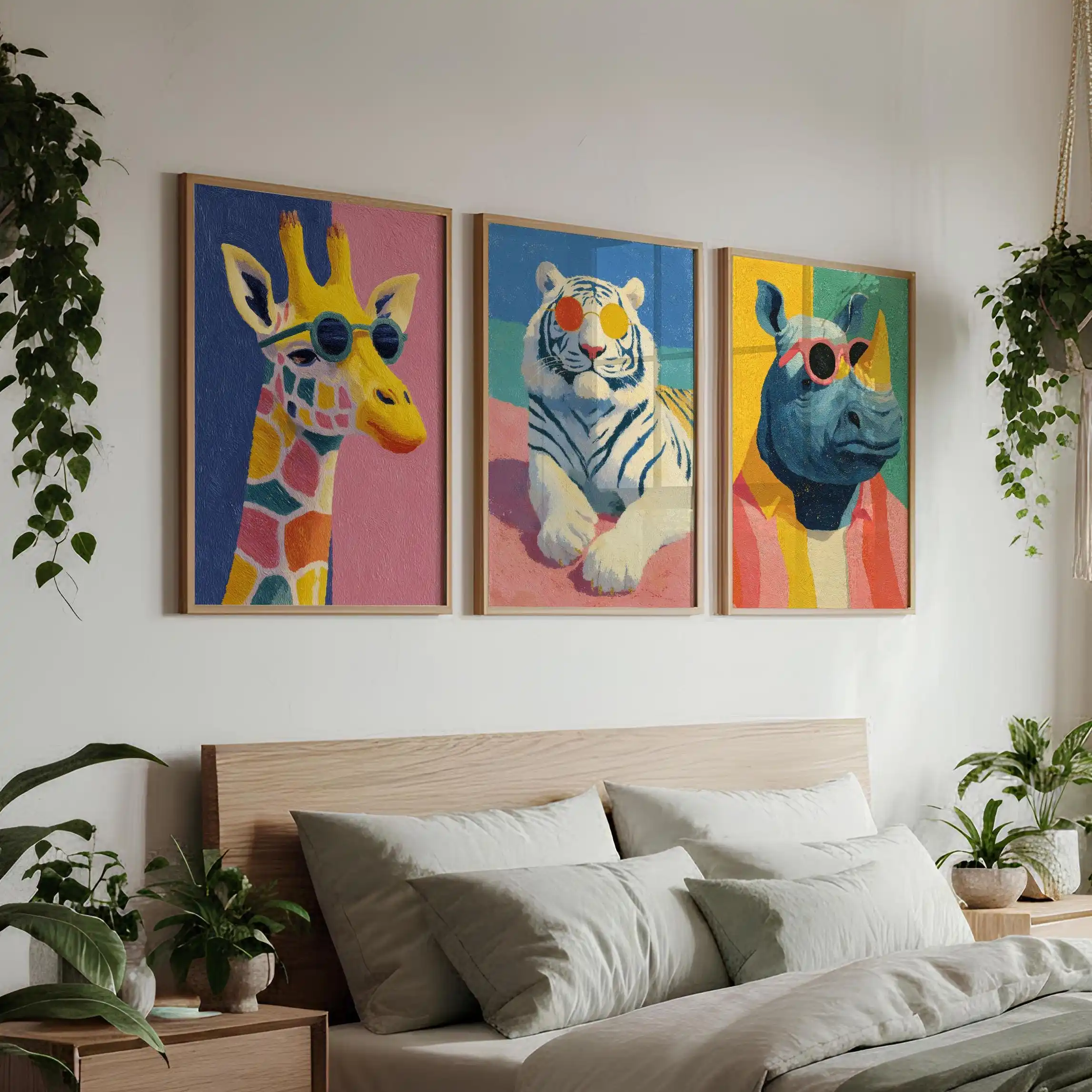 Vibrant Animal Wall Art Prints Set of 3 Colourful Hipster Giraffe, Tiger Rhino Posters Modern Funky Decor for Living Room,Office