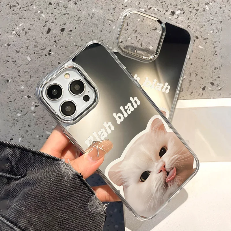 Luxury Make UP Mirror Phone Case For iPhone 17 16 Pro Max 11 13 15 14 12 Air XS XR Cute White Cat Covers Fundas