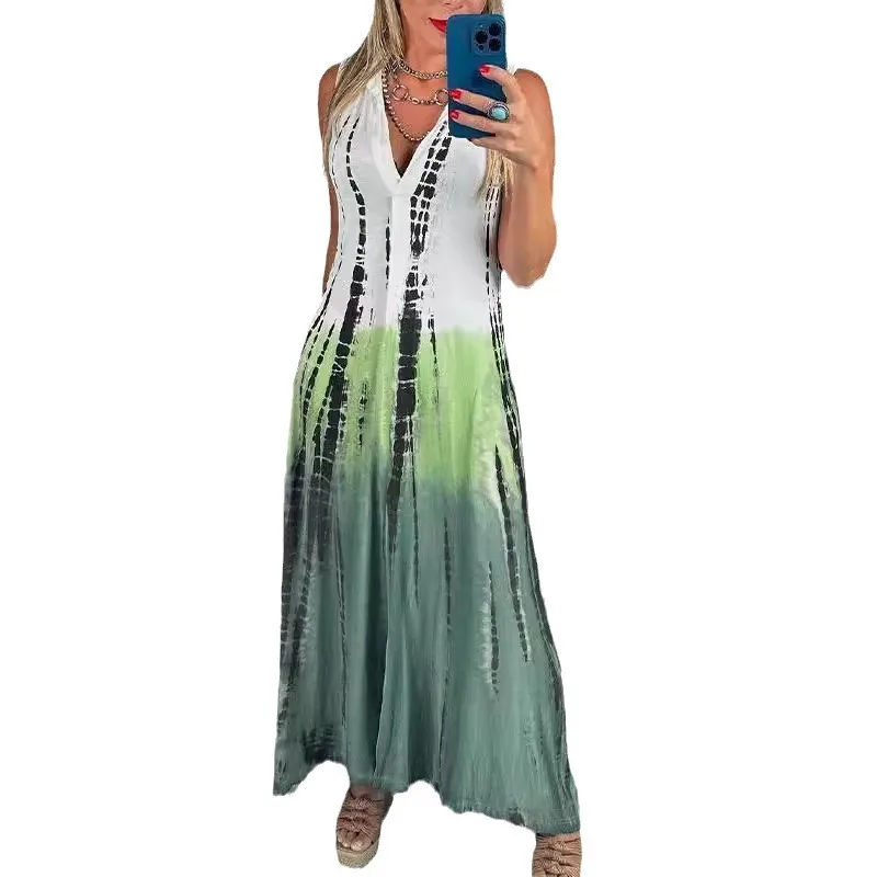 Elegant Printed Dress Women's V Neck Button Up Patchwork Sleeveless Loose Maxi Dress 2024 Summer Holiday A Line Party Tank Top