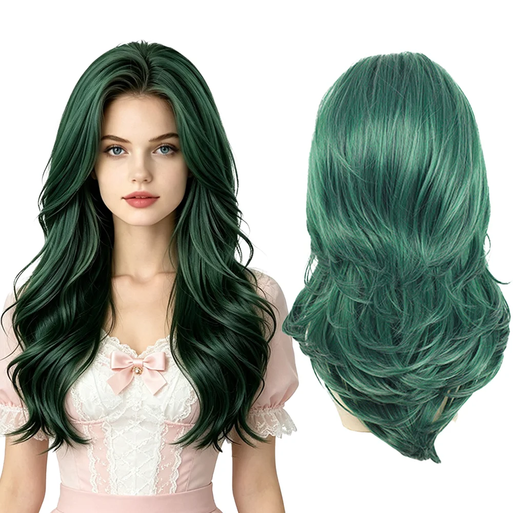 Emerald Green Cosplay Wig Medium Long Layered Wavy Synthetic Heat Resistant Hair For Women Anime Costume Halloween Party Daily