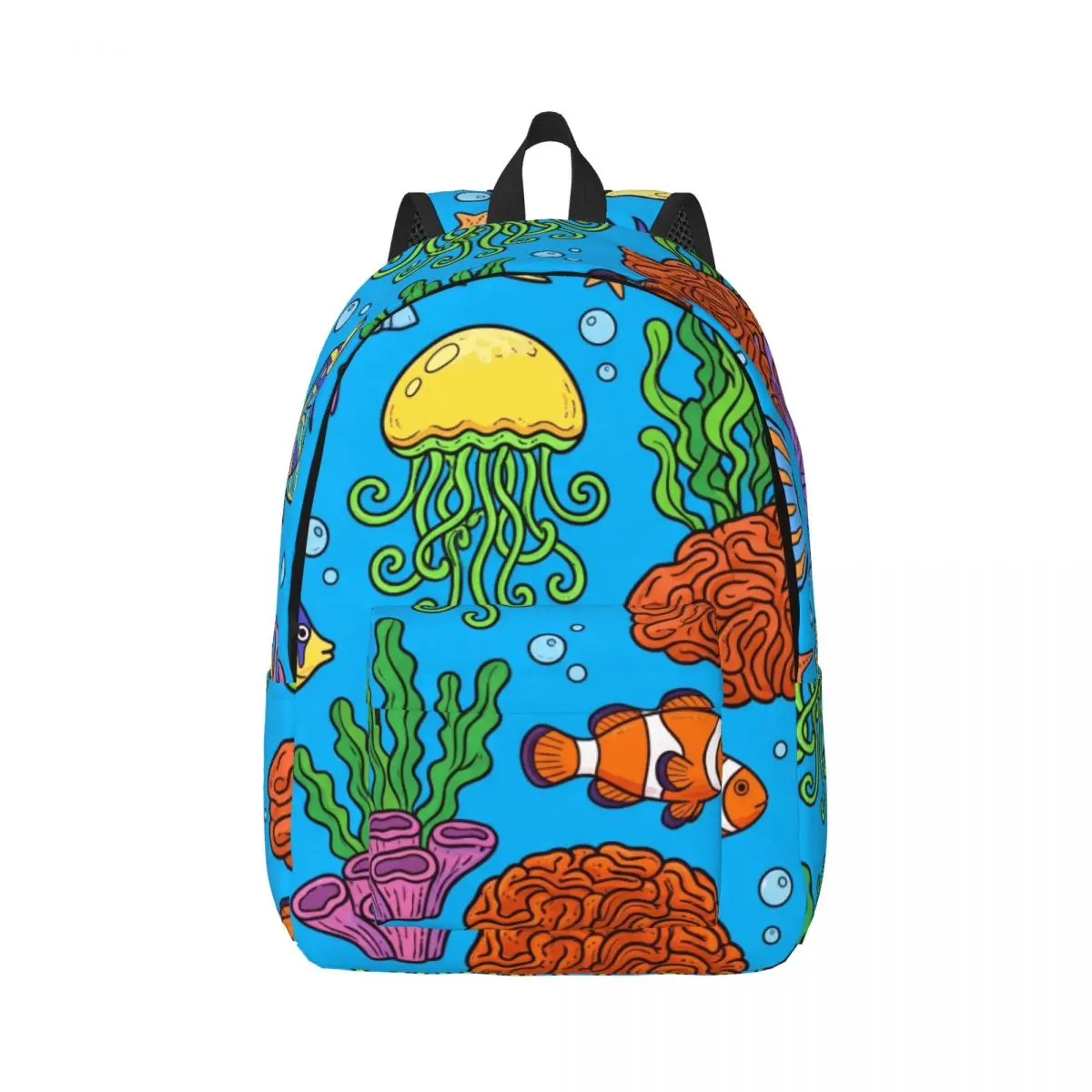 Aesthetic School Backpack Tossed Sea Doodles Whimsical Aquatic Bright Blue Multi Cool Bookbag for Girls Boys College Travel Work
