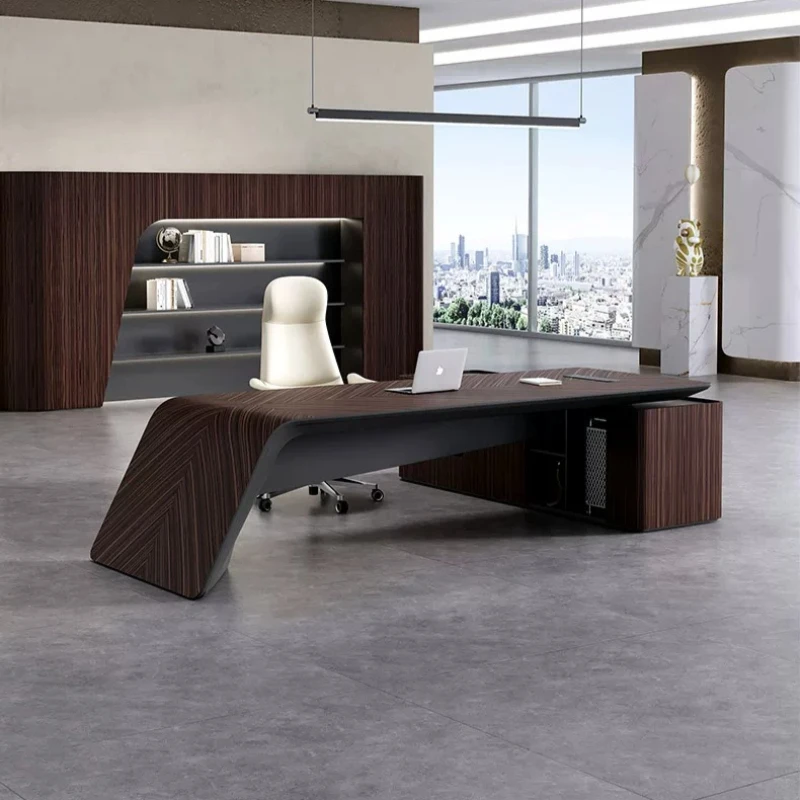 L‑shape grain Executive Desk Modern High‑End Large Boss Office Desk with Separate Side Cabinet for Chairman Director Workspace