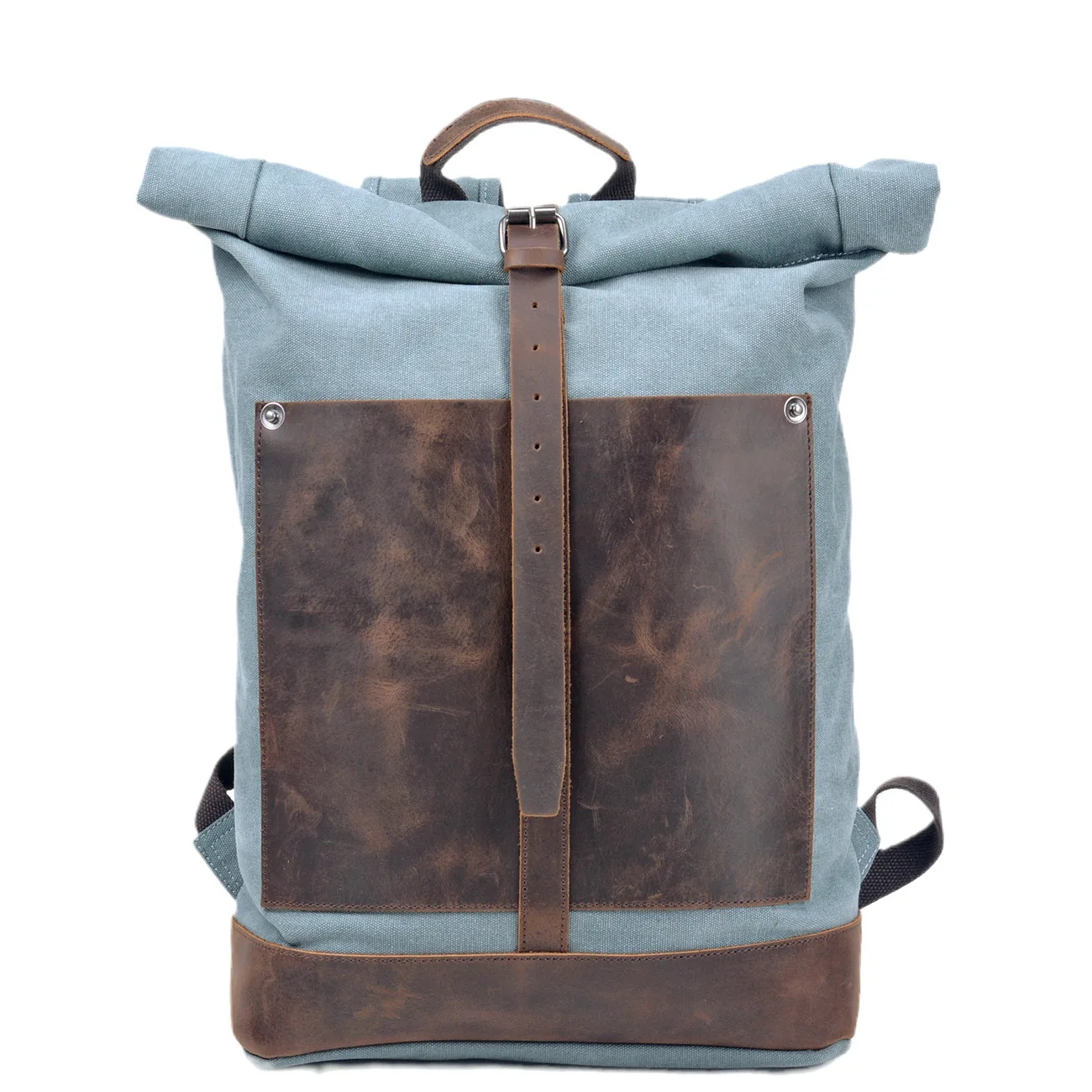 

Light Blue Waxed Canvas Roll - Top Backpack Retro Style Travel Hiking Bag, Durable Men's Daily Commute Pack
