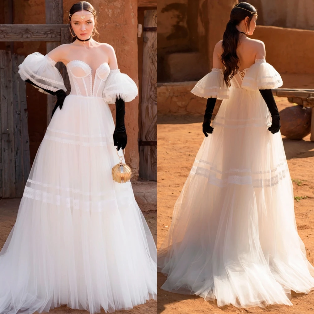 

Customized Exquisite Lace Tulle Bridal Gowns Sweep Train White Wedding Dresses See Through Sweetheart A-Line Vestido De Novia