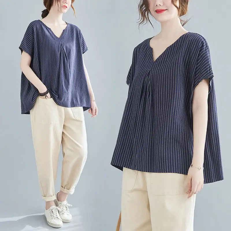 Women Summer Simplicity Loose Striped Large Size Appear Thin Cotton and Linen V-neck Short Sleeve T-Shirt Ladies Casual Top Tee