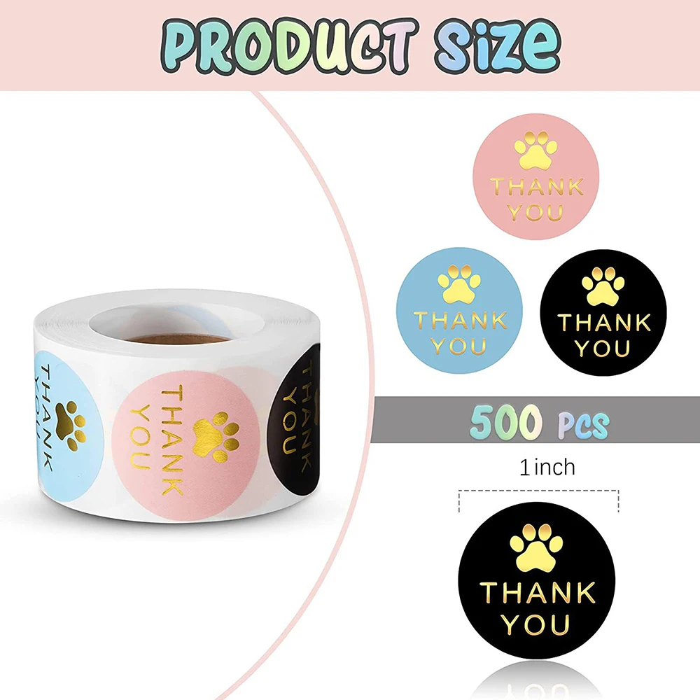 500Pc/rolls Round Dog Paw Print Thank You Label Stickers Used For Shipping And Mailing Box Seal Labels Decorative Gifts Stickers