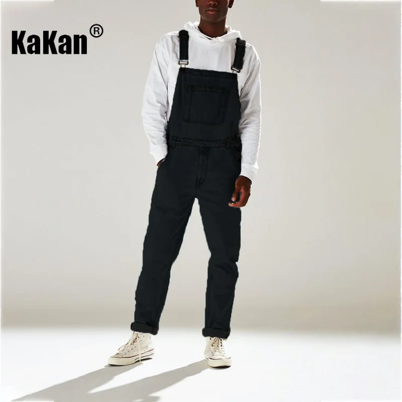 Kakan - New Street  Men's Jeans From Europe and America, Dark Blue Black One Piece Strap Jeans K34-725