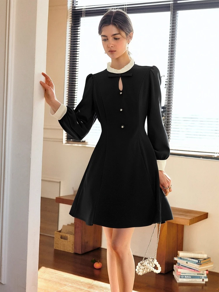 

OLrain Women's Contrast Trim O-Neck Collar Black Dress Autumn 2025 New French Elegant Casual Puff Sleeve Dress O57QL000505
