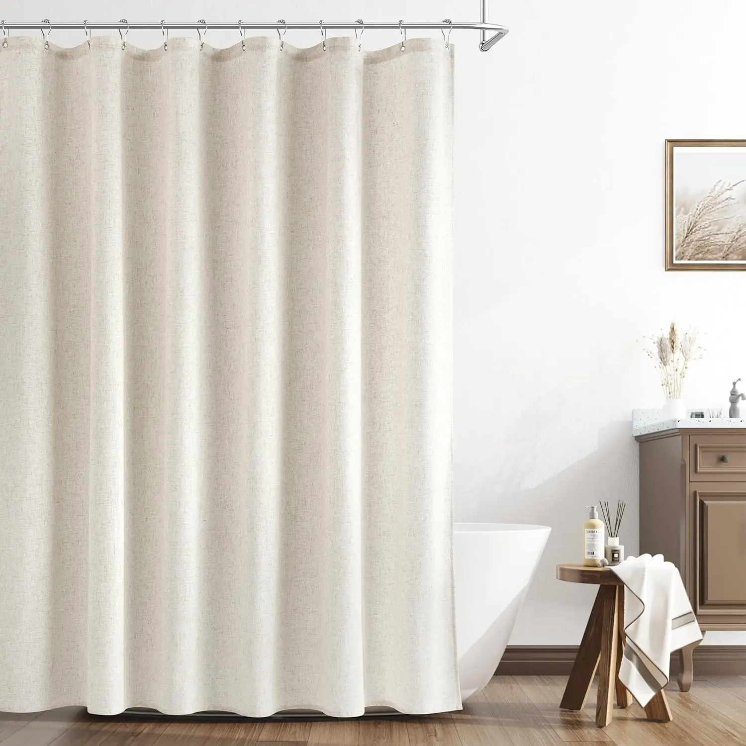 

Extra Long Linen Shower Curtain 84 Inch Weighted Thick Fabric Bath Set with Hooks, Farmhouse Beige for Tall Bathrooms