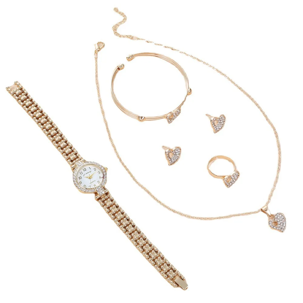 Conjunto versátil relógio diamante para mulheres, pulseira de aço, pulseira amor, anel, brincos, colar, moda luxo leve