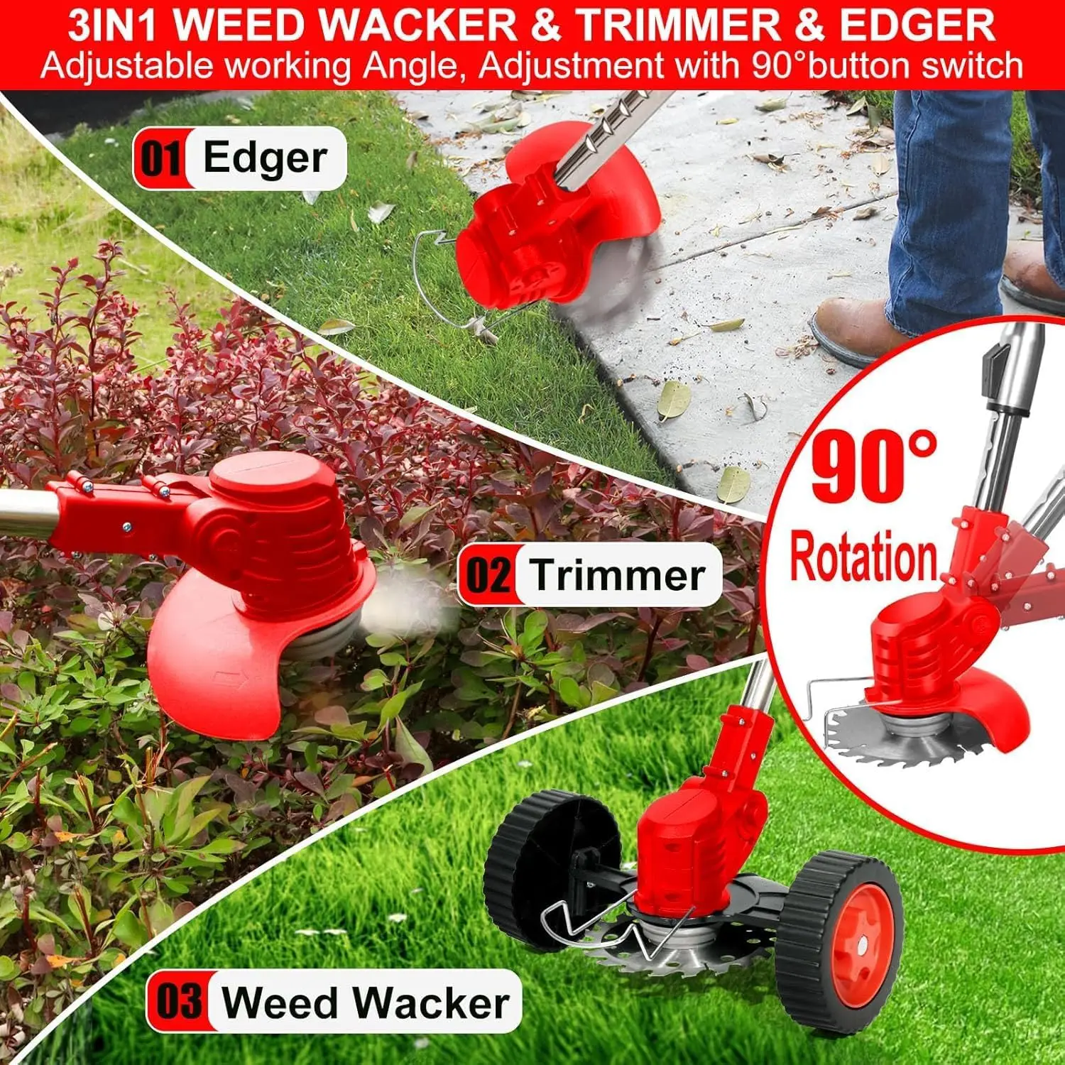 Electric Weedkiller Adjustable Cordless Weedkiller 3-in-1 Electric Weedkiller Lawn with Two Batteries, Garden, Red