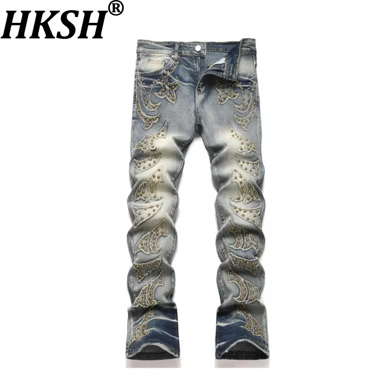 

HKSH Spring Summer New Men Tide Light Luxury Straight Slimming Jeans Cotton Embroidery Beading Washed Denim Pants Retro HK21706