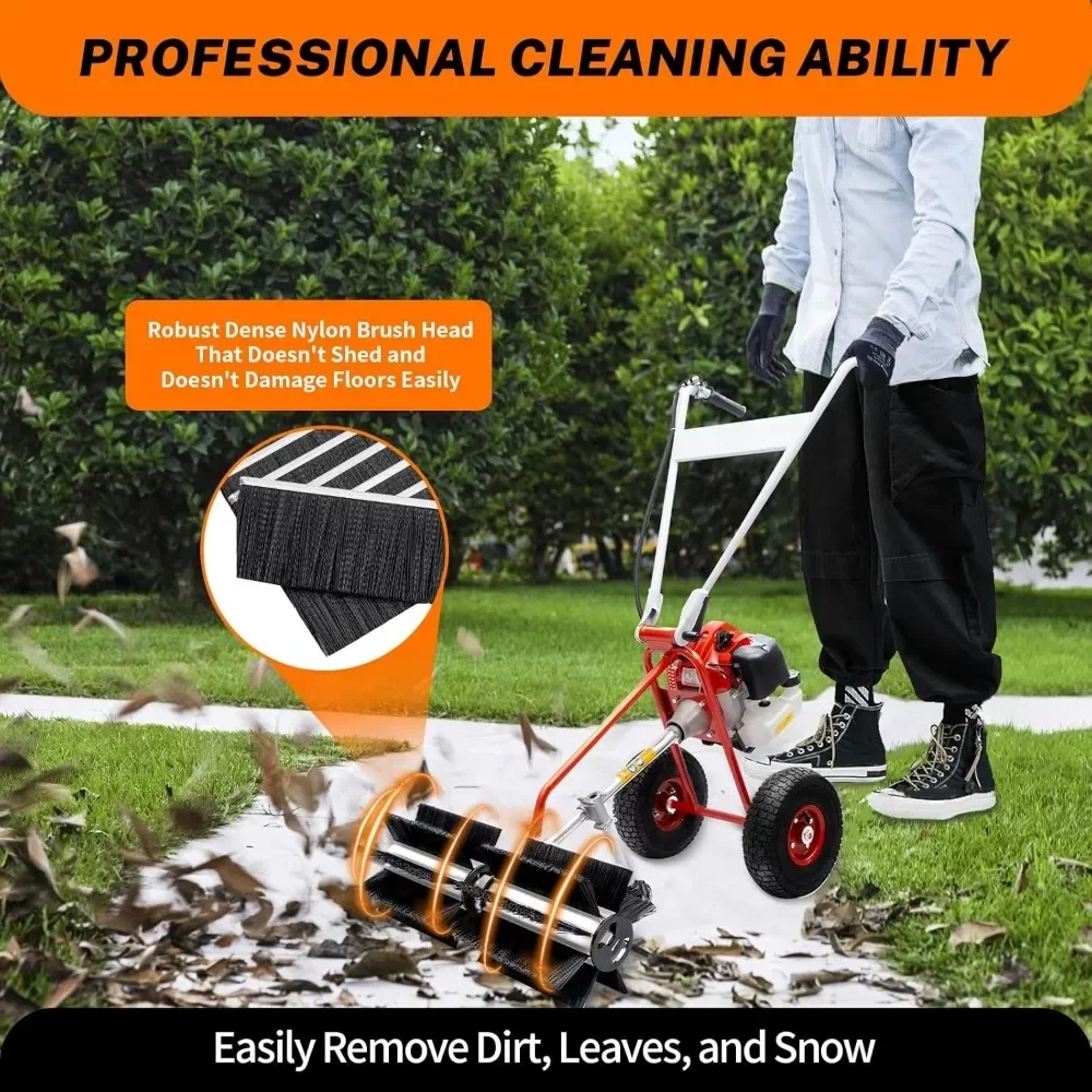 Hand Push Sweeping Machine Broom Gasoline Power, 2-stroke 43CC 1.7HP Gasoline Snow Sweeper Broom Cleaning Machine