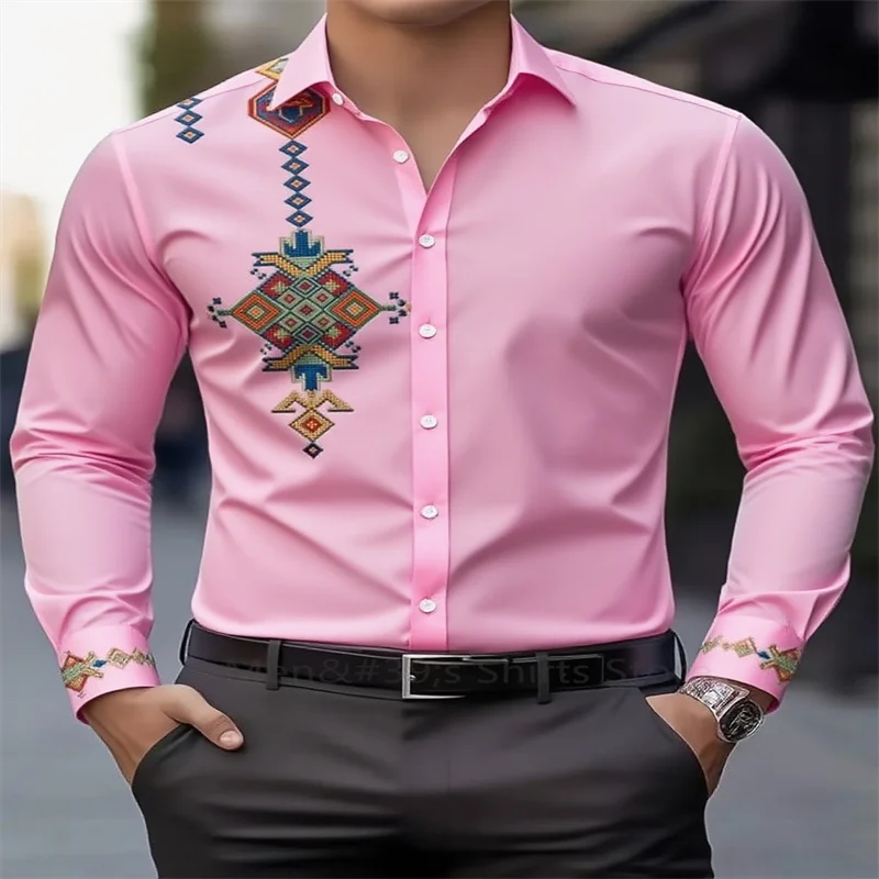 جديد الرجال العرقية القبلية نمط قميص مطبوع الرجعية عادية التلبيب كم طويل الأعمال قميص عطلة هدية الرجال بلايز #2