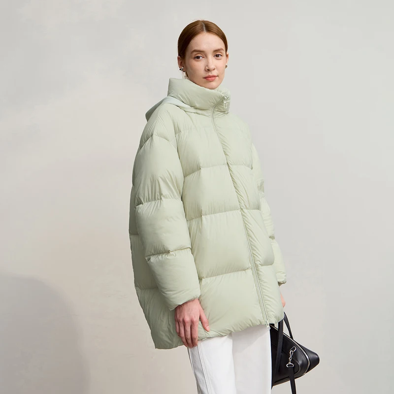 Amii donsjas vrouw 2025, winter nieuwe losse afneembare capuchon, rits, warme lange mouwen, effen kleur eendendons donsjack 12524011