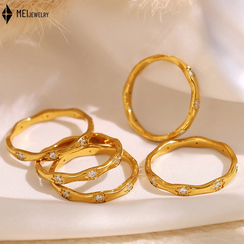 Fashion Temperament Niche Design Cubic Zirconia Stainless Steel Jewelry Wavy Octagonal Star Ring