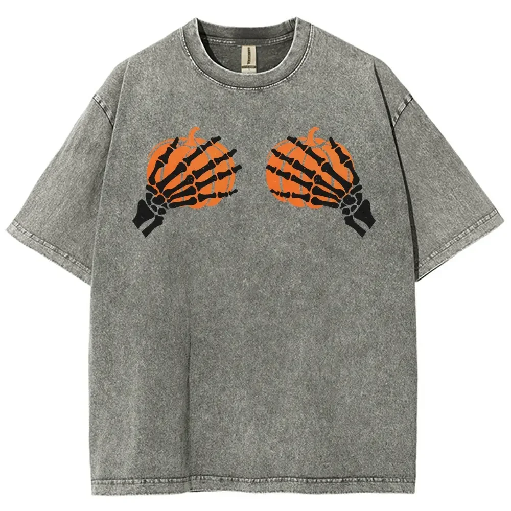 Menswear Unisex Gothic Graphic T-Shirt - 100% Cotton, Skeleton Hands & Pumpkin Print, Vintage Casual Oversized Short-Sleeve Loose-Fitting Halloween Top, S, 4XL, 5XL, Cold Wash, Do Not Dry Clean, Dress Fabric, 3Xl,sohochic