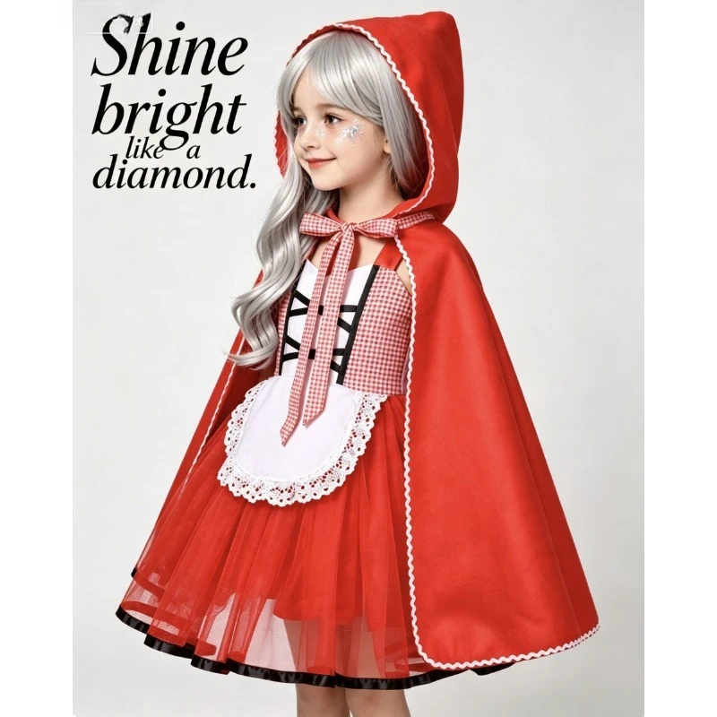 Little Red Riding Hood Dress Kids Halloween Costume Cloak Set Girls Story Outfit Children Birthday Party Fancy Dress Up Holiday