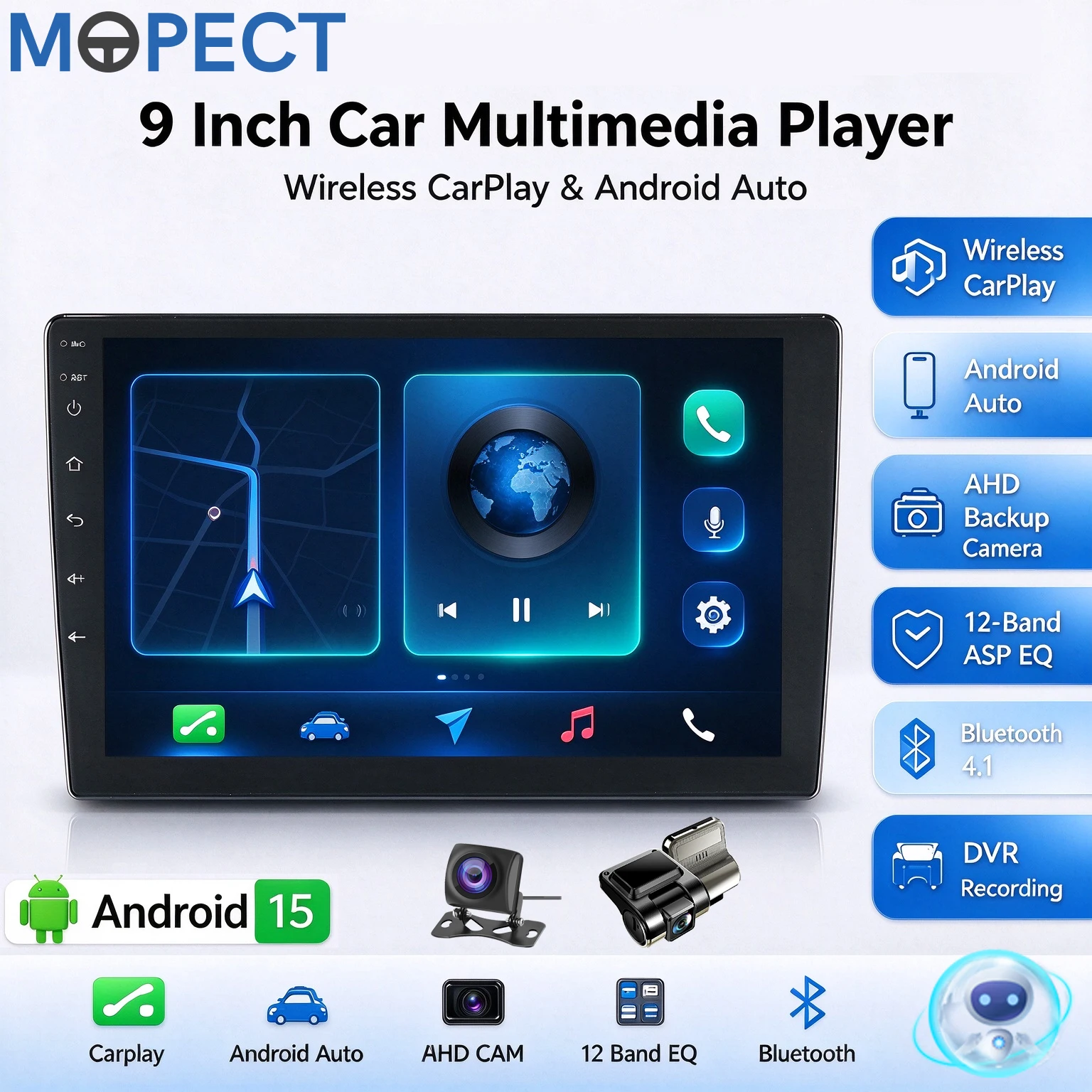 MOPECT Autoradio Universale 9" Android con Carplay Wireless, Stereo Auto, Lettore Multimediale, WIFI, Navigazione GPS, Sistemi Intelligenti per Auto, FM, RDS, SWC, DAB+, DVR