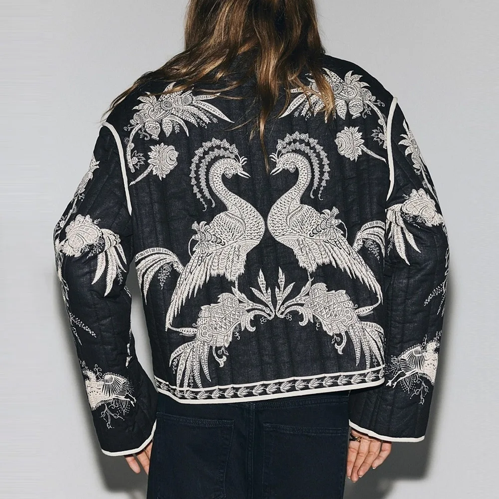 

Хлопковая стеганая куртка в богемном стиле, женское пальто, винтажное пальто с цветочным принтом и длинным рукавом, v-образным вырезом, весенне-осенняя верхняя одежда, свободные теплые куртки