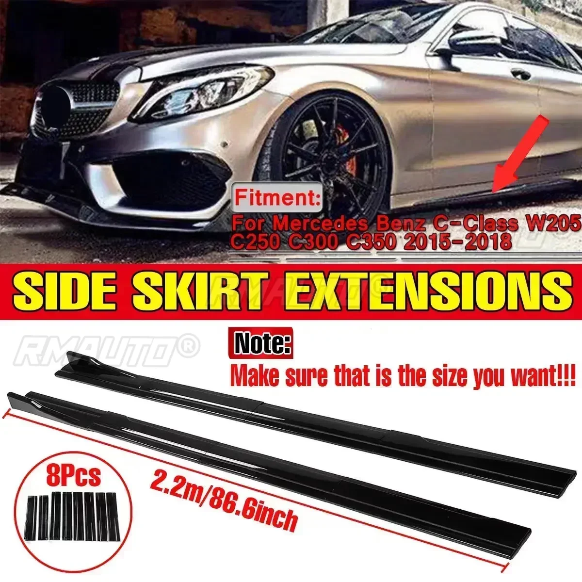 2.2m Side Skirts Extension Rocker Splitters Diffuser Winglet Wings For Mercedes For Benz C-Class W205 C250 C300 C350 2015-2018