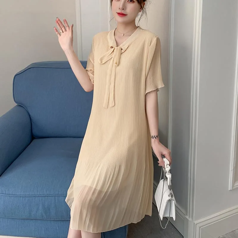 Maternity Summer Clothes Block Collar Bowknot Collar Pregnant Women Pleated Shirts Pregnnacy Chiffon Blouses Maternity Dress