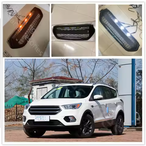 LED Front Grill Honeycomb Grille For Ford Escape Kuga 2017 2018 2019 Front Bumper Mask Mesh Amber Led Racing Grills Upper Grid