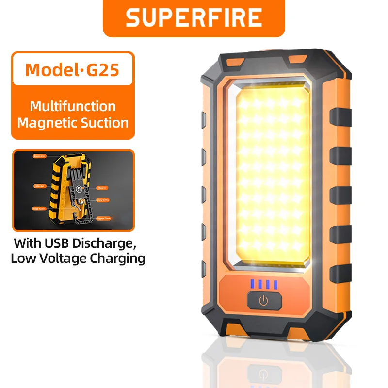 SUPERFIRE G25 Work Light COB+XPE Flashlight with Magnet/Power Bank, USB C Chargable Waterproof Torch for Outdoor Lantern