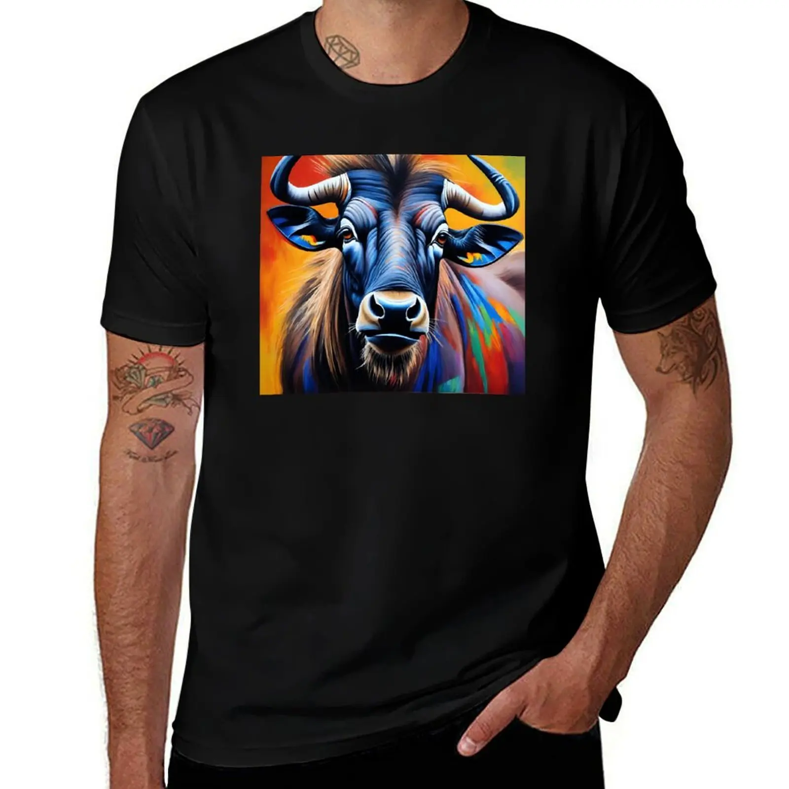 Safari Animal Collection Colorful Wildebeest Painting T-Shirt Summer Holiday T-Shirt