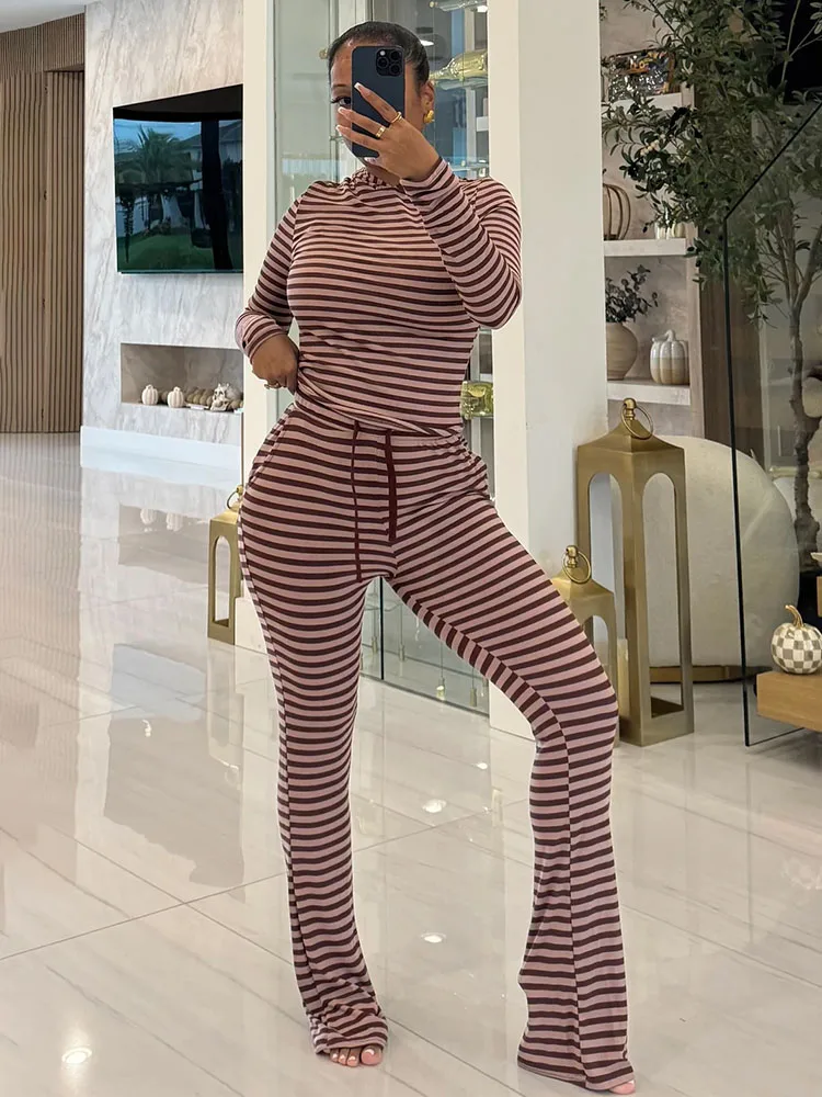 Striped Casual Sweatsuits for Women Two Piece Set Sports Joggers Long Sleeve Hooded Sweatshirt and Flare Pants Matching Sets